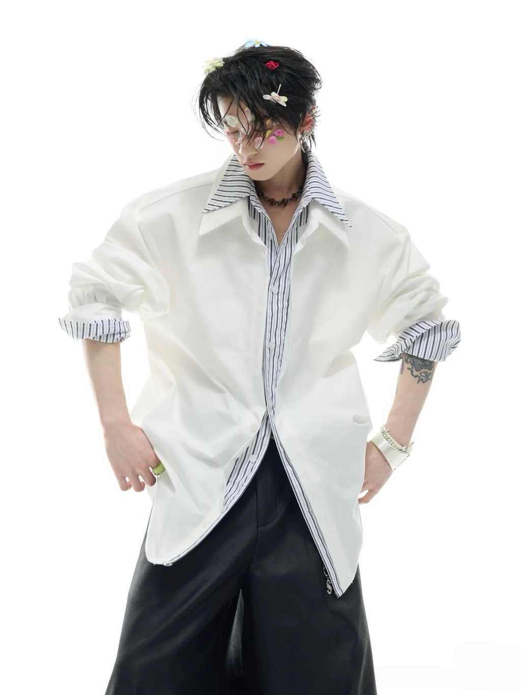 【ArguE CulturE】重ね着風 ストライプシャツ ブルー